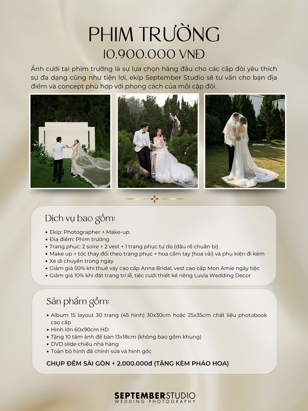 Bảng giá gói chụp ảnh cưới phim trường 10.9tr – September Studio